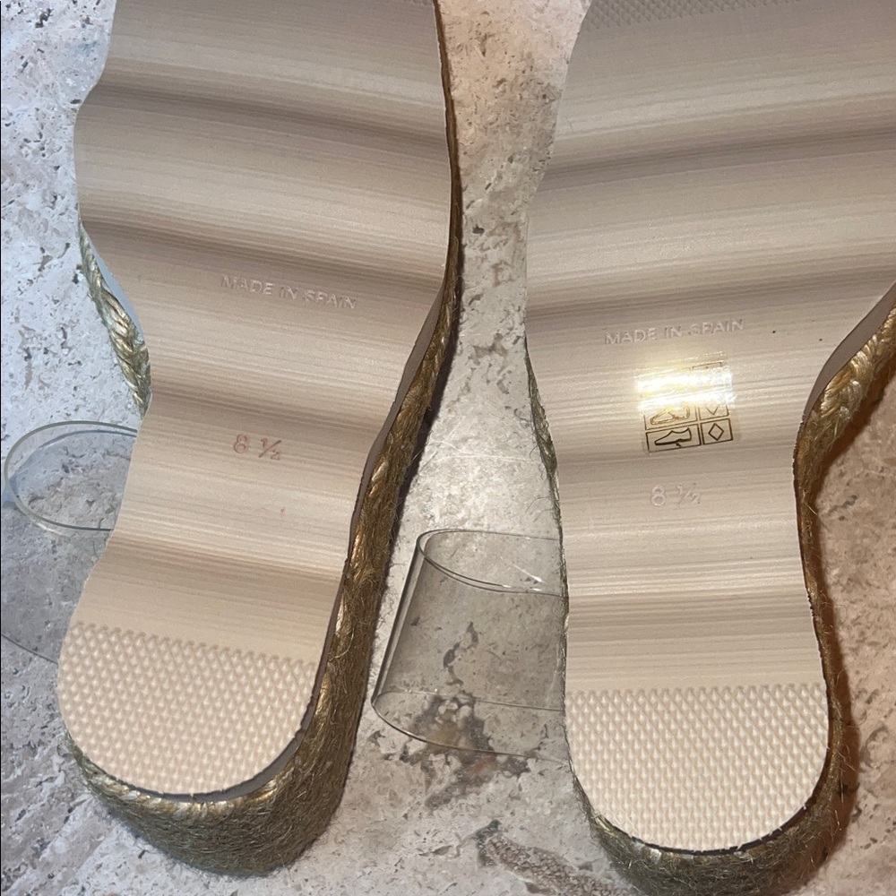 Good American Clear Strap Leopard Gold Trim Raffia Wedges 8.5 - Picture 5 of 5